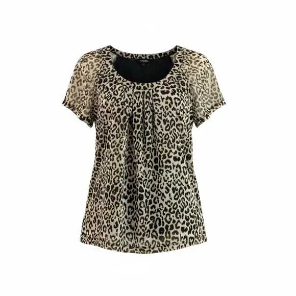 Rafaella Leopard Print Pleated Scoop Neck Short Sleeve Top Large - Picture 1 of 6